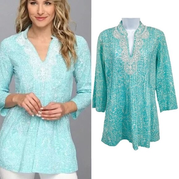 Lilly Pulitzer Tops - Lilly Pulitzer Womens Sarasota Beaded Tunic Top Blouse Shorely Blue Ice Cake